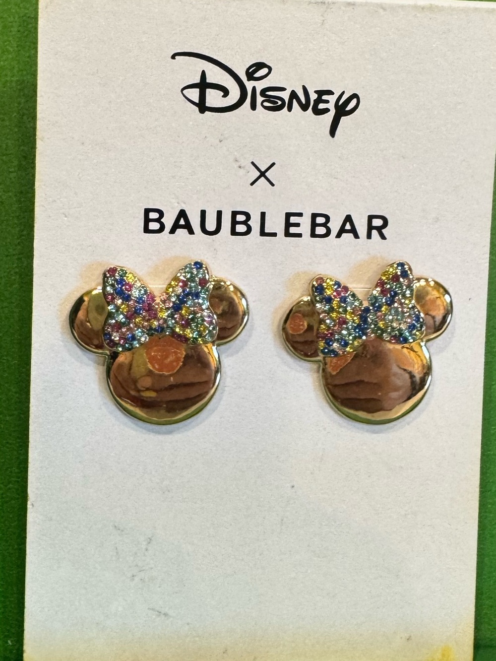 BaubleBar Gold Minnie Head Stud Earrings with Multicolor Glitter Bow